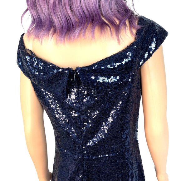 Vintage Marina Navy Blue Sequined Gown Size 12 Off The Shoulder Formal - Picture 13 of 14